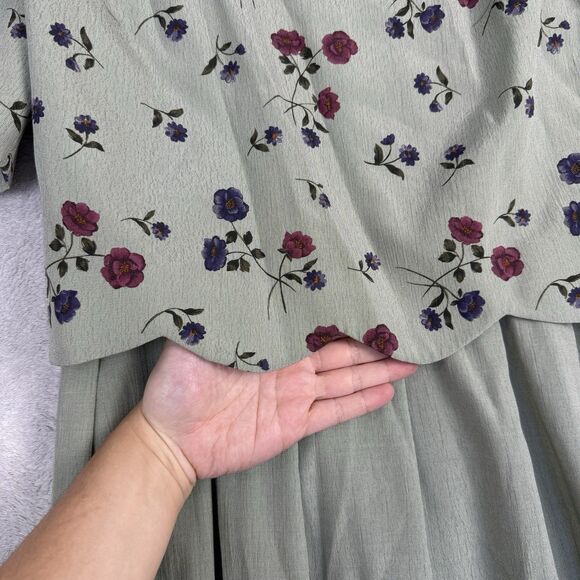 Vtg Puff Sleeve Tea Dress 8 Green Cottage Modest Grandma Prairie Garden 80s 90s - Picture 4 of 15